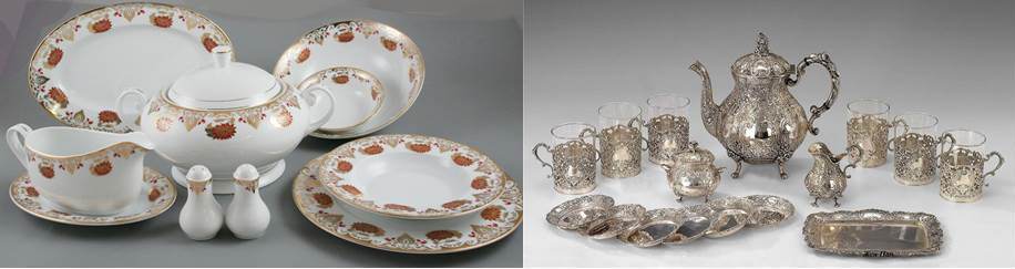 porcelánové a stříbrné nádobí