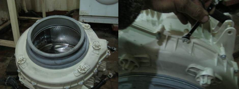 het demonteren van de wasmachinetank
